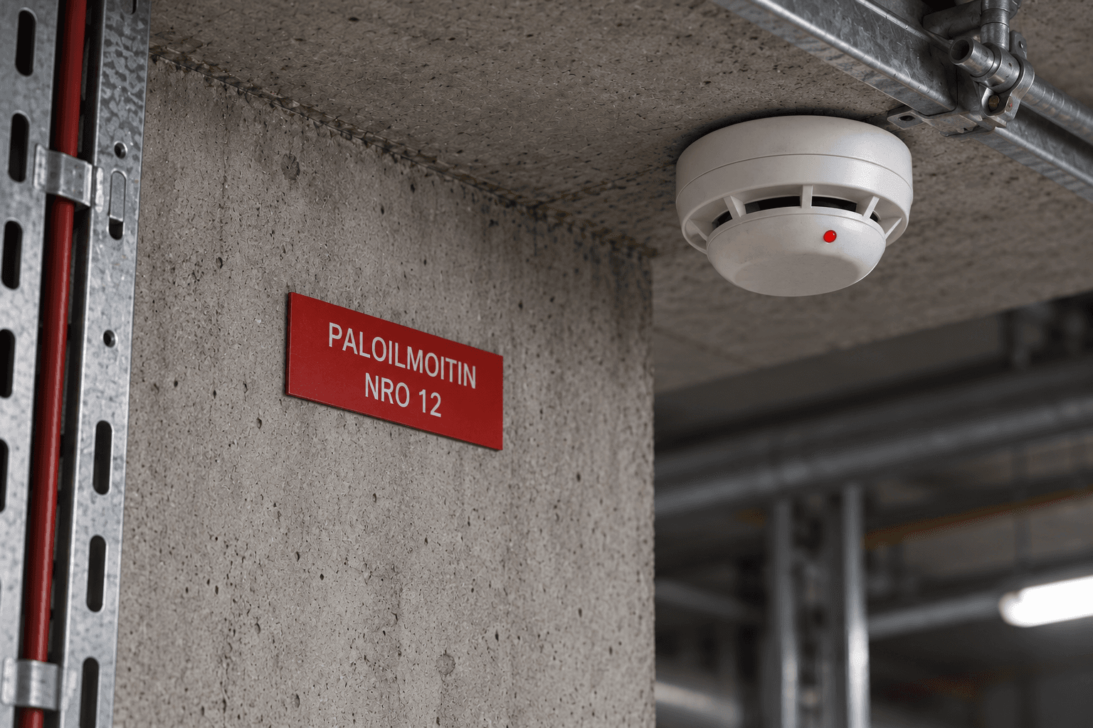 Paloilmoitin nro 12 -kyltti palovaroittimen vieressä